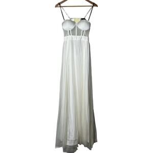 The Vintage Shop Dress Maxi Size L Corset Tulle Boned Open Back Cream Gold Chain